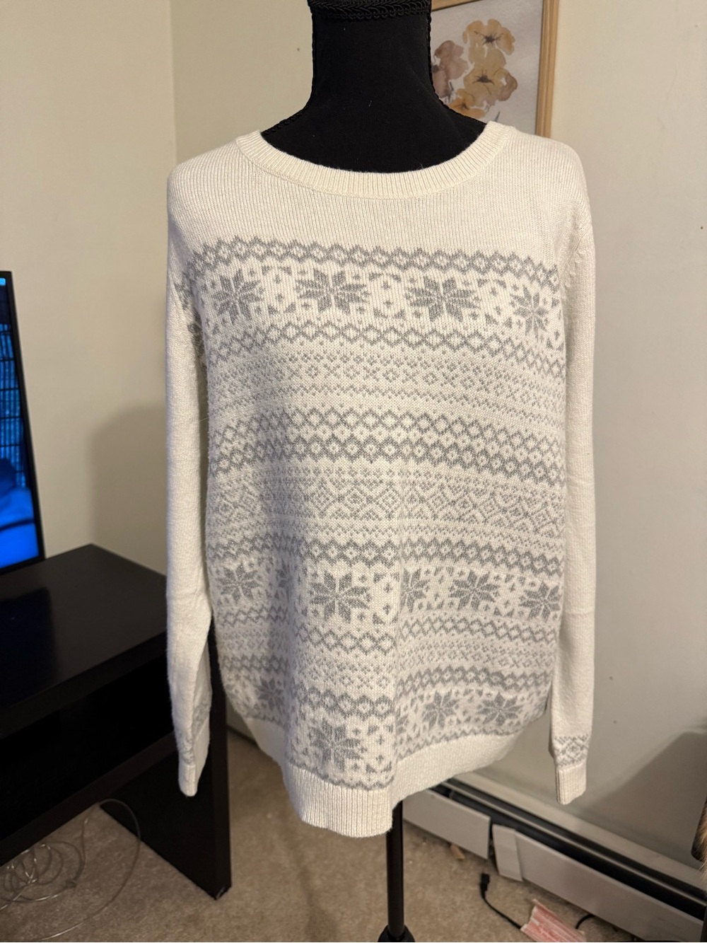 Talbots Petite XLP Ivory Gray Fair Isle Snowflake Metallic Sweater